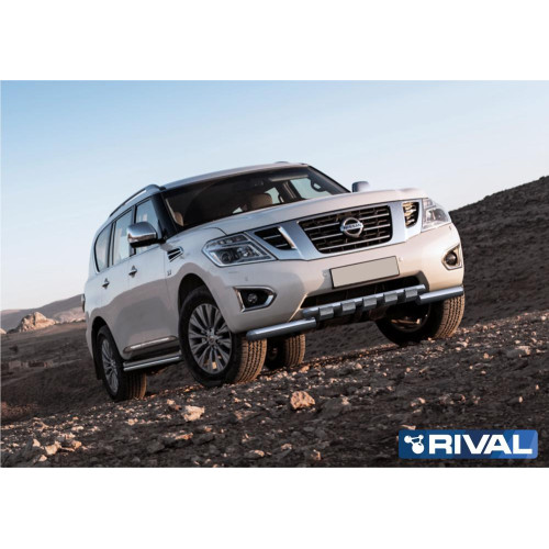 Защита переднего бампера d76+d57 с профильной защитой картера RIVAL Nissan Patrol 2014- R.4114.003