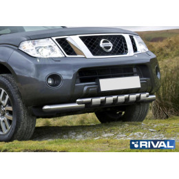 Защита переднего бампера d76+d57 с профильной защитой картера RIVAL Nissan Pathfinder 2010-2014  R.4105.016