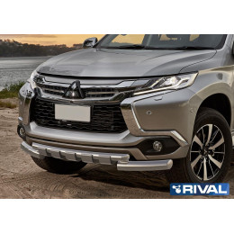 Защита переднего бампера d76+d57 с профильной защитой картера RIVAL Mitsubishi Pajero Sport 2016-  R.4012.004