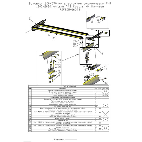 Вставка 1600x570 мм в багажник алюминиевый РИФ 1600x2080 мм для ГАЗ Соболь NN Минивэн