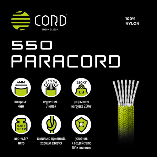 Паракорд 550 CORD nylon 10м световозвращающий (ultragreen)