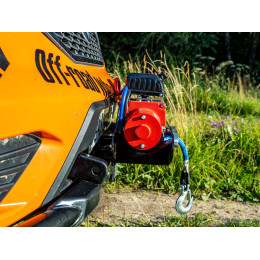 Лебёдка переносная РИФ 9.5XS c квадратом для фаркопа и проводами в сборе, короткий барабан, синтетический трос (облегченная)