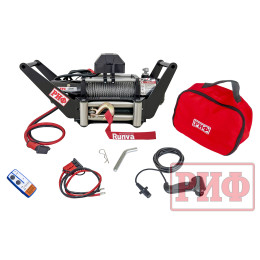 Лебёдка переносная РИФ 12000 c площадкой в квадрат для фаркопа и проводами (в сборе), стальной трос