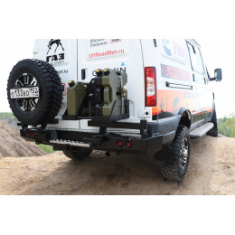 Бампер РИФ силовой задний ГАЗ Соболь с квадратом под фаркоп, 2-мя калитками, фонарями, подсветкой номера стандарт