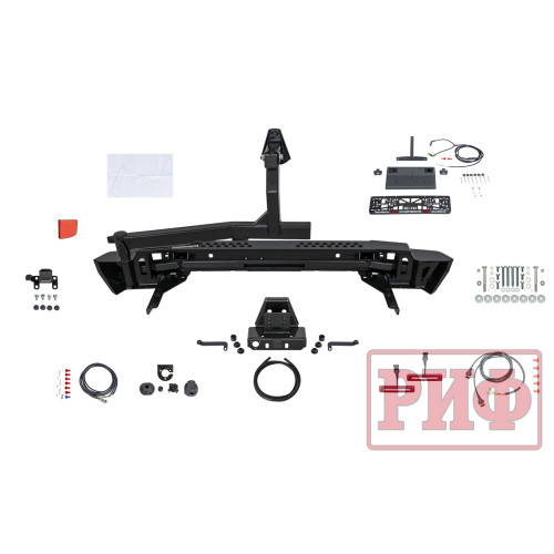 Бампер РИФ силовой задний Toyota Land Cruiser 200 2007-2012 с квадратом под фаркоп, калиткой, фонарями, подсветкой номера