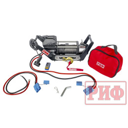 Лебёдка переносная РИФ 9000SR c площадкой в квадрат для фаркопа и проводами (в сборе) синтетический трос 