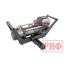Лебёдка переносная РИФ 9000SR c площадкой в квадрат для фаркопа и проводами (в сборе) синтетический трос 