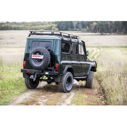 Бампер РИФ силовой задний УАЗ Хантер с квадратом под фаркоп, калиткой и подсветкой номера, лифт 65 мм