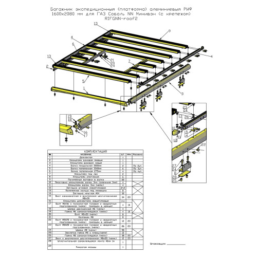 Багажник экспедиционный (платформа) алюминиевый РИФ 1600x2650 мм для ГАЗ Соболь NN Минивэн (с вставкой)