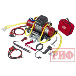 Лебёдка переносная РИФ 9.5XS c квадратом для фаркопа и проводами в сборе, короткий барабан, стальной трос (облегченная)