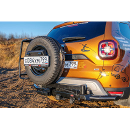 Бампер задний силовой/защита штатного бампера РИФ Renault Duster 2021+ c квадратом под фаркоп, калиткой и подсветкой номера