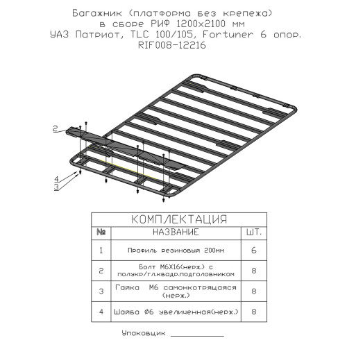 Багажник (платформа без крепежа) в сборе РИФ 1200x2100 мм УАЗ Патриот, TLC 80/100/105, Fortuner 6 опор.