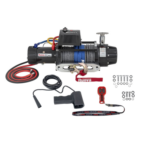 Лебёдка автомобильная электрическая 12V Runva 9500 lbs 4350 кг высокоскоростная, влагозащищенная, комбинированный роспуск, синтетический трос 